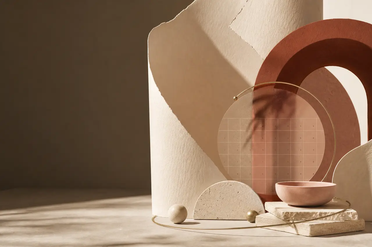 Abstract sculptural forms in Booqings clay and ivory tones